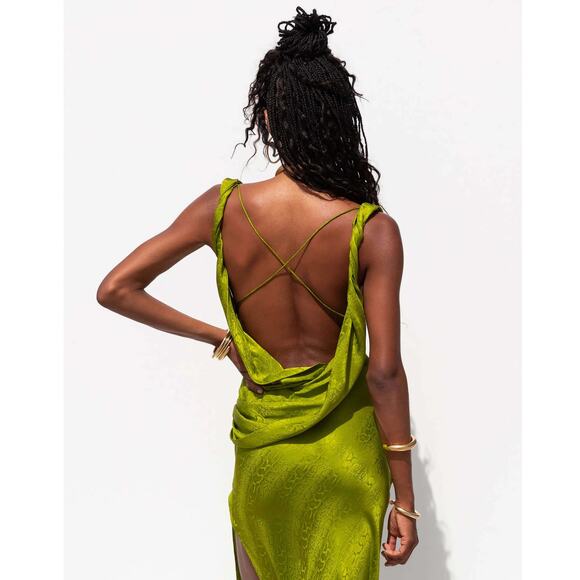 Rat & Boa Silk Snake Print Cowl Neck Sleeveless Maxi Dress Lime Green Size Large - Picture 2 of 9